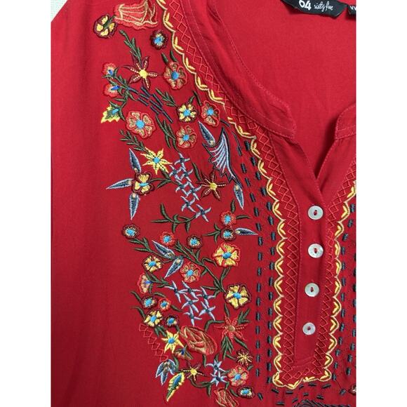64 Sixty-Five XXL Red Embroidered Top Boho Blouse V-neck Tunic Long Full Sleeves - Picture 14 of 16